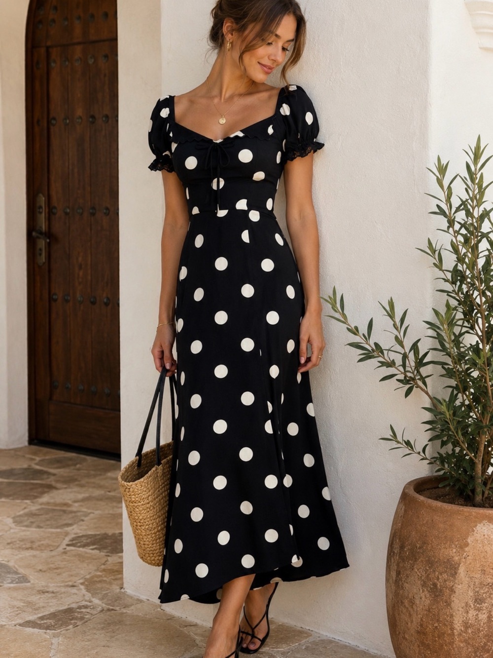 REFORMATION Black Polka Dot Puff-Sleeve Midi Dress SZ. 4